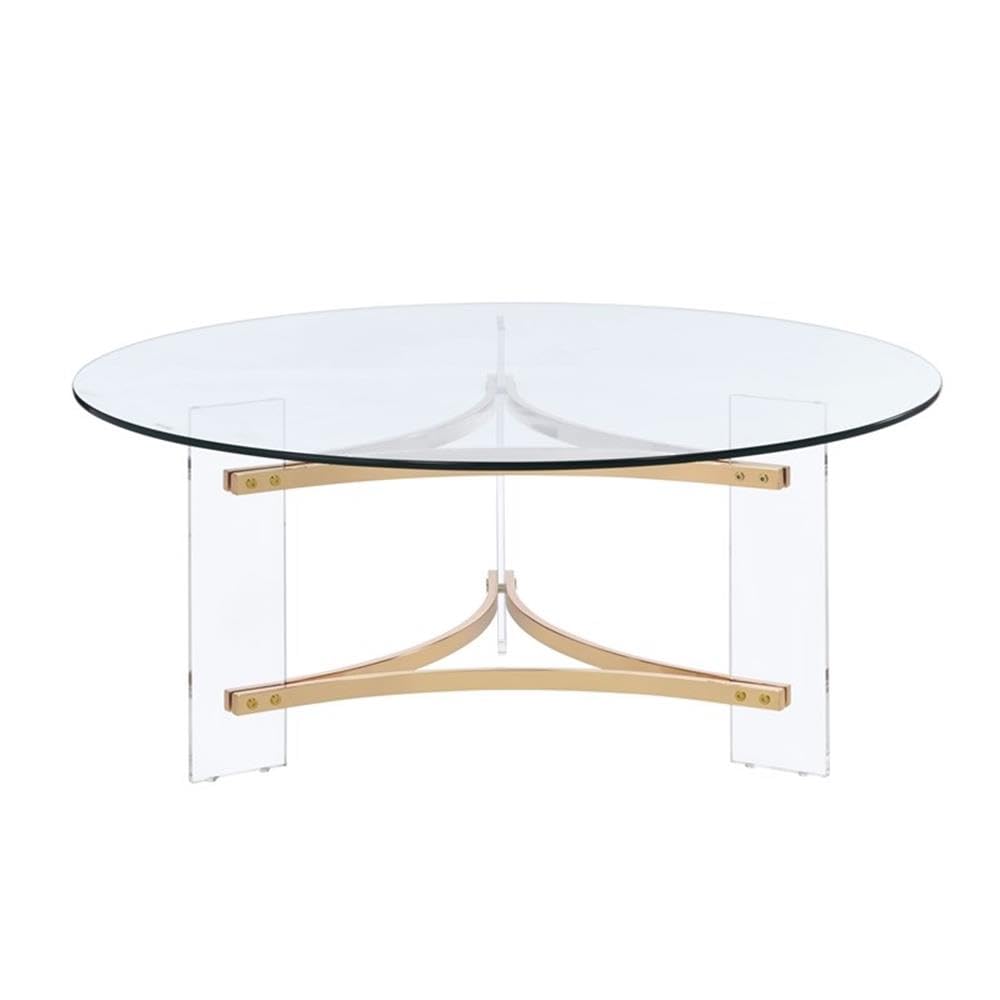 Acme Sosi Round Tempered Glass Top Coffee Table in Clear and Gold