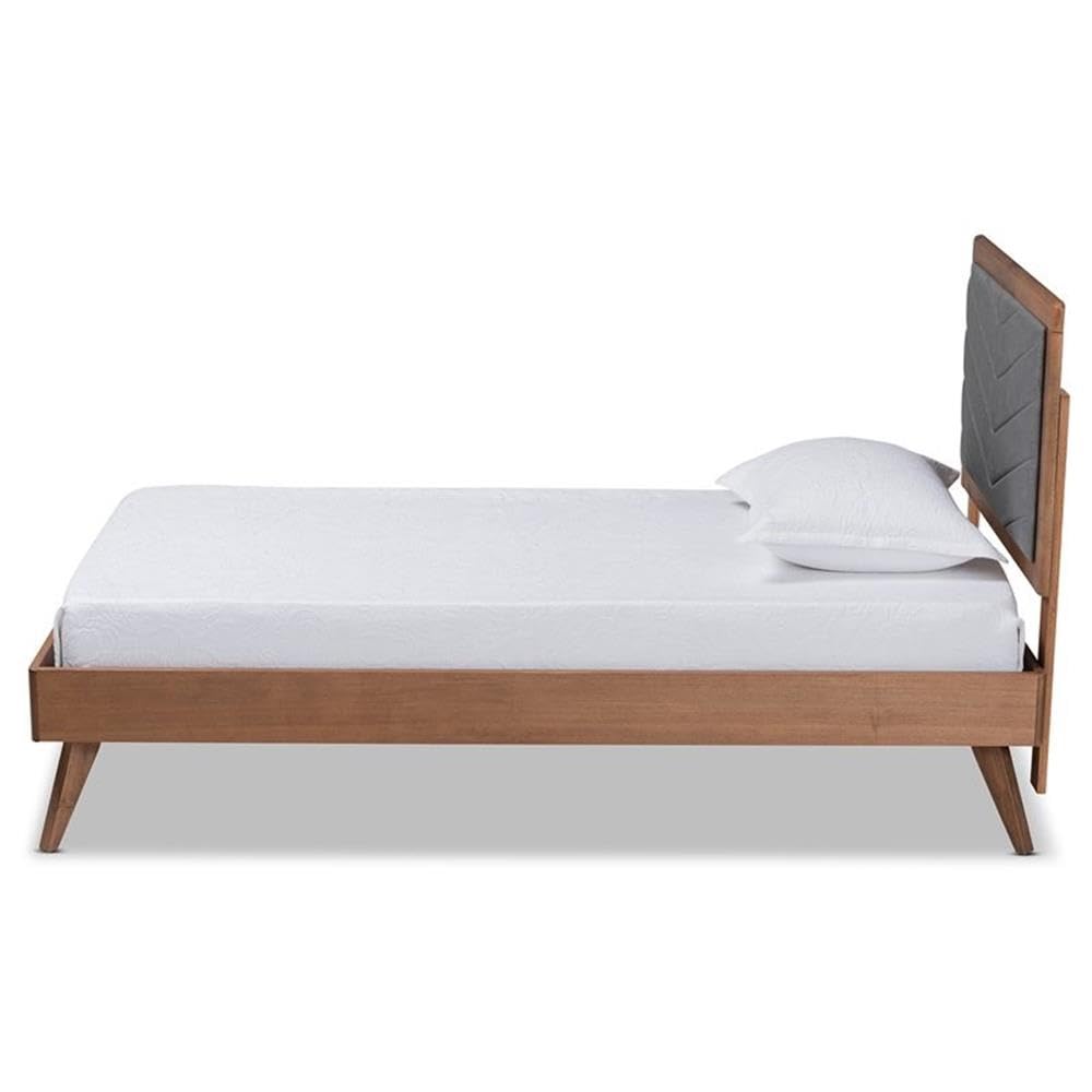 Baxton Studio Roze Mid-Century Modern Dark Grey Fabric Upholstered and Walnut Brown Finished Wood Twin Size Platform Bed
