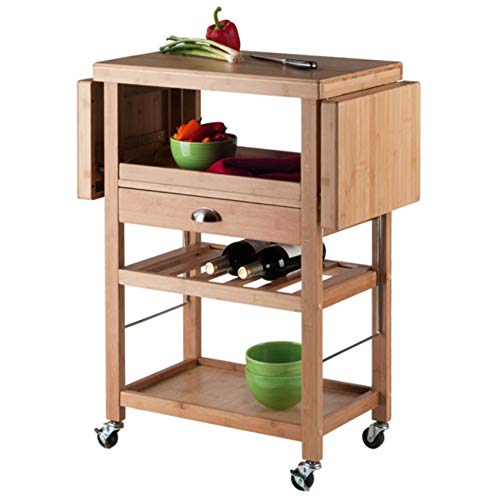 Barton Kitchen Cart: Expandable, Eco-Friendly Bamboo, Wine Rack, Removable Tray, Storage Shelves, Locking Casters. 45.2' W x 14.8' D x 35.4' H.