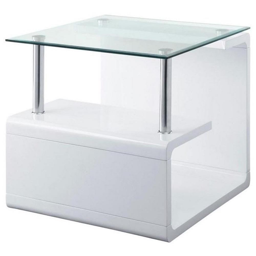 Acme Nevaeh Square Wooden End Table with Glass Top in Clear and White High Gloss
