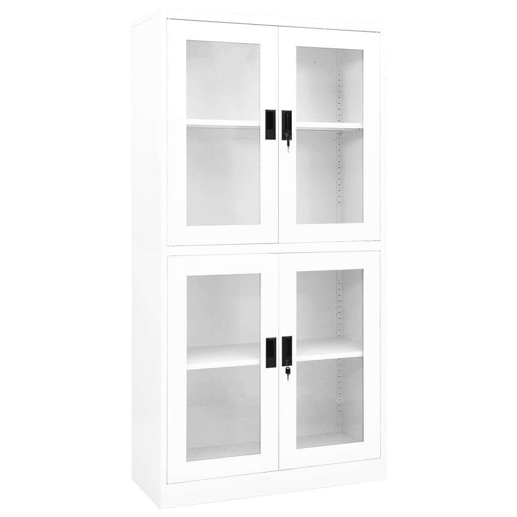 vidaXL Scandinavian Style Office Cabinet - White Steel and Tempered Glass Cabinet - with Adjustable Shelves and Lock - 35.4&quot;x15.7&quot;x70.9&quot; in Dimensions'