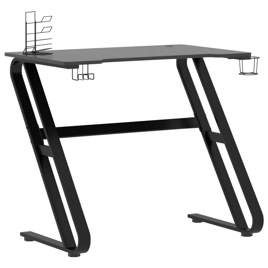 vidaXL Black Gaming Desk - Ergonomic Home Office Computer Table with Z-Shaped Legs, Controller/Headphone Racks, Cup Holder