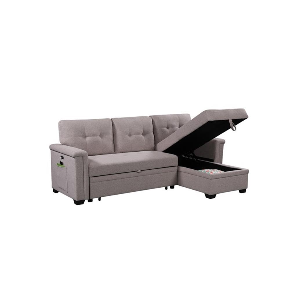 Lilola Home Nathan Light Gray Reversible Sleeper Sectional Sofa with Storage Chaise, USB Charging Ports and Pocket