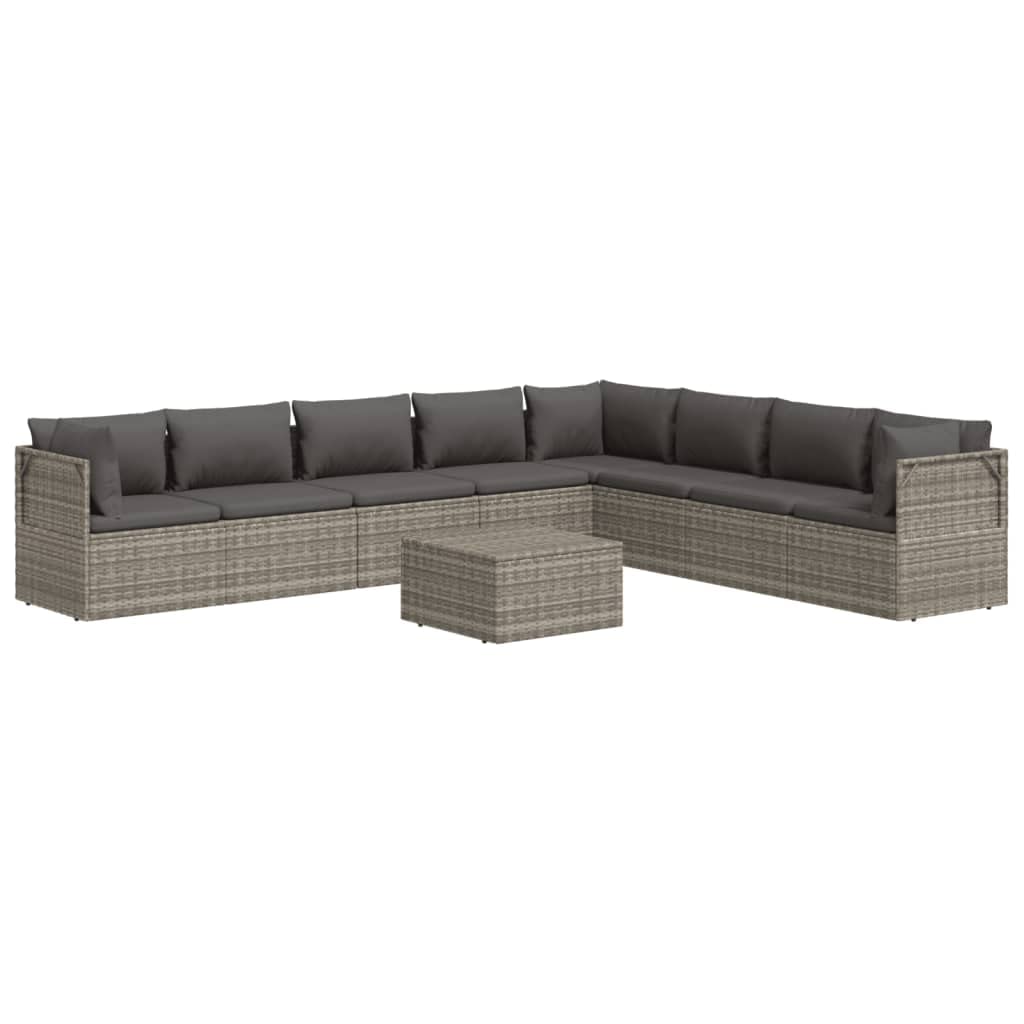 Vidaxl 9-Piece Patio Lounge Set With Cushions - Gray Poly Rattan, Weather-Resistant With Waterproof Bags, Ideal For Outdoor Dining, Relaxing, And Storage.