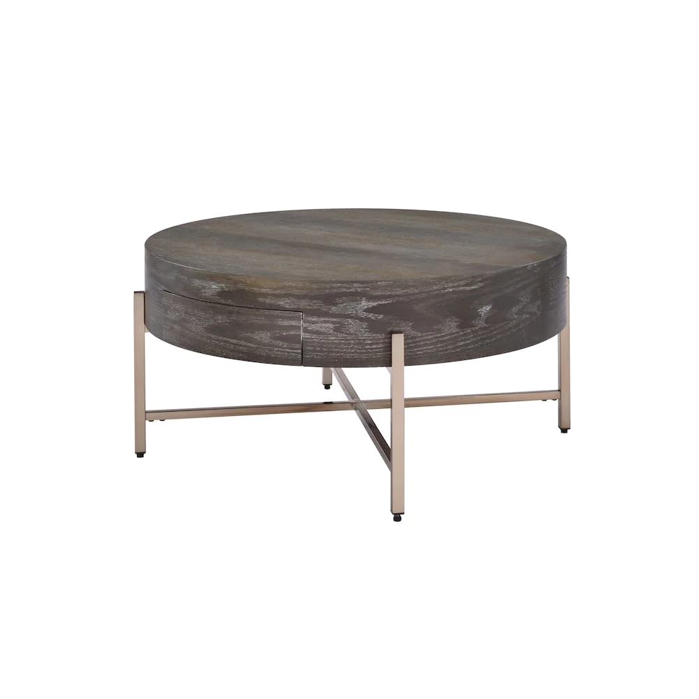 Acme Weyton 1-Drawer Round Wooden Top Coffee Table in Light Brown and Champagne