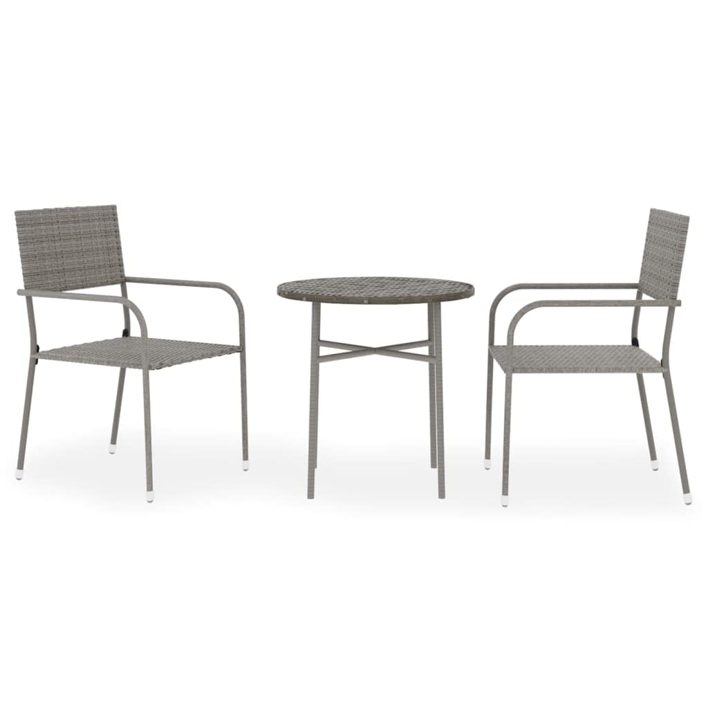 vidaXL 3 Piece Patio Dining Set - Poly Rattan Outdoor Furniture with Round Table and Stackable Chairs - Gray