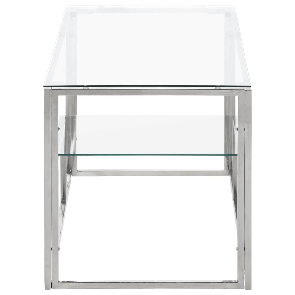 vidaXL Silver Stainless Steel Coffee Table with Tempered Glass-Top - Rectangular Modern Accent Table for Living Room, Office