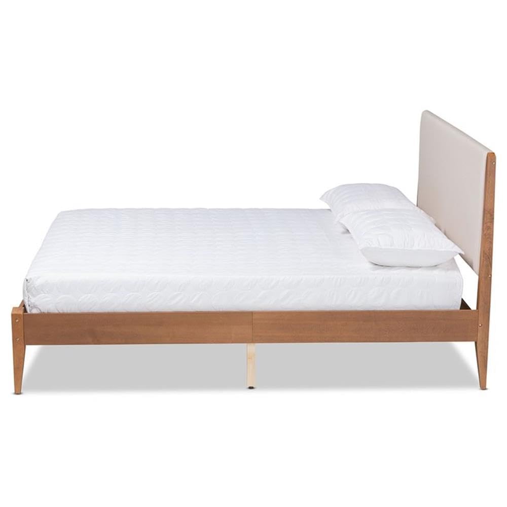 Baxton Studio Lenora Mid-Century Modern Beige Fabric Upholstered and Walnut Brown Finished Wood King Size Platform Bed