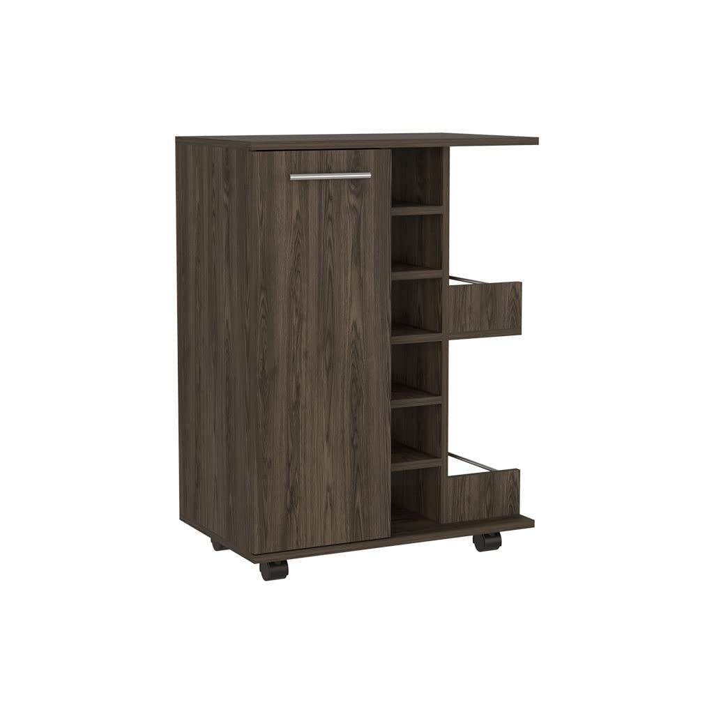 DEPOT E-SHOP Magda 32-inch Tall Bar Cart with Cabinet, 2 Interior Shelves, 2 Open Shelves, and 6 Wine Cubbies, Dark Walnut