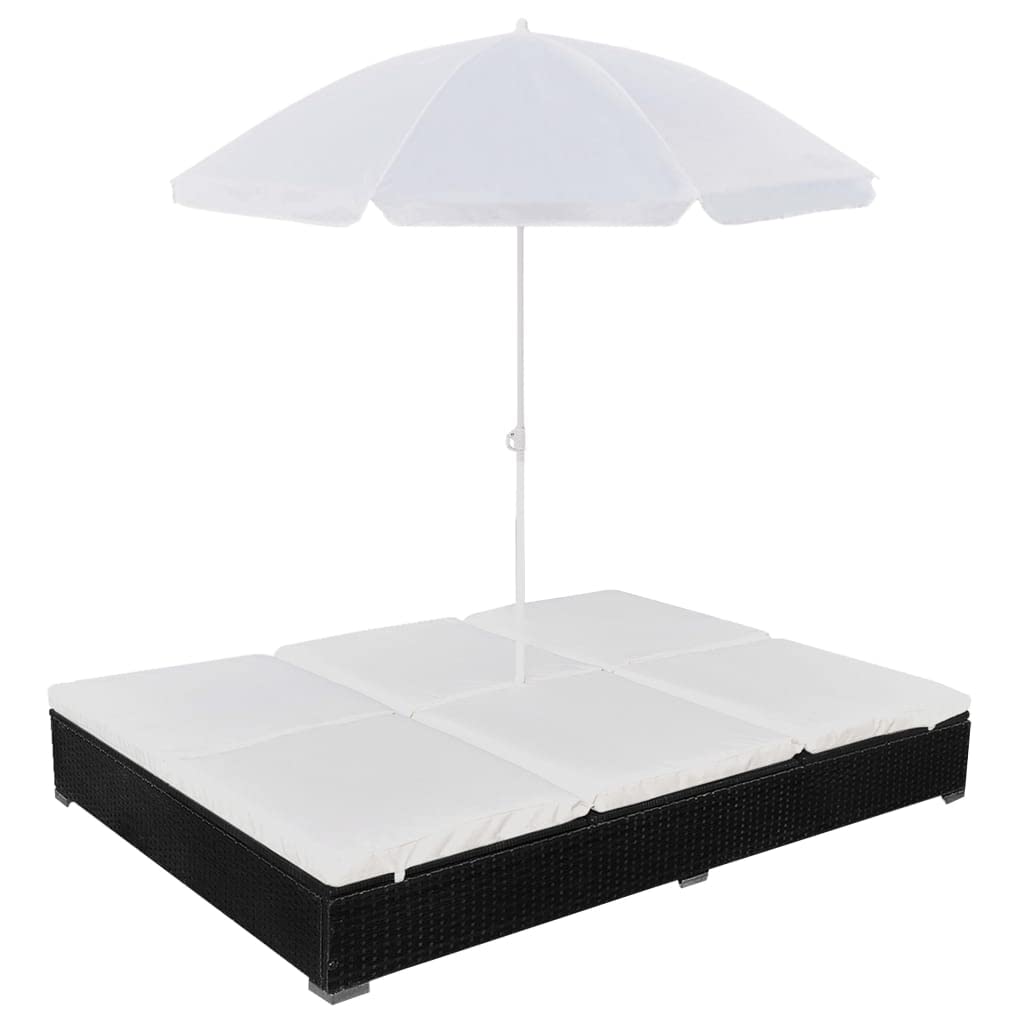 vidaXL Double Patio Lounge Bed - Weather-Resistant and Waterproof Poly Rattan Outdoor Sun Lounger with Umbrella and Adjustable Positions for Comfort - Black