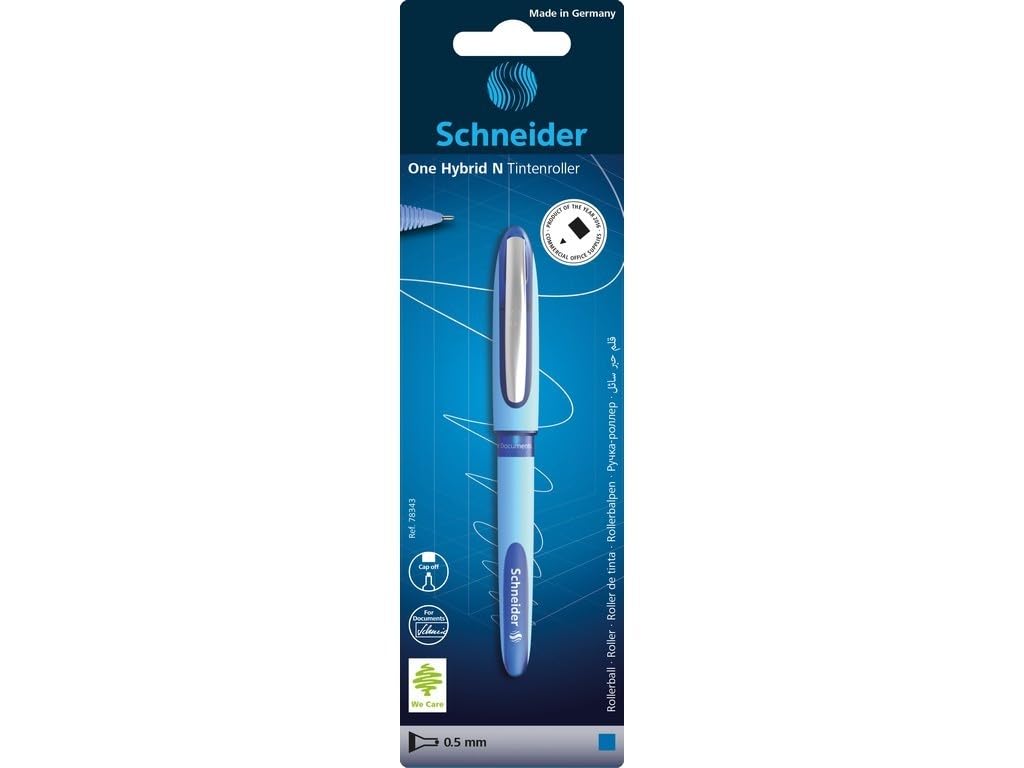 Schneider One Hybrid N Rollerball Pen, 0.5 Mm Hybrid Needle Tip, Light Blue Barrel, Blue Ink, Blister Pack Of 1 Pen (78343)