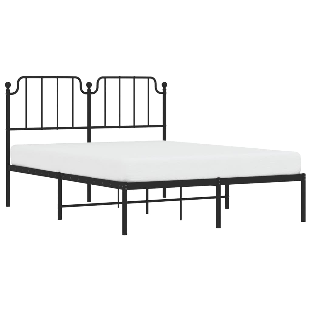 vidaXL Classic Black Metal Bed Frame with Headboard - Sturdy Steel Construction, Breathable Metal Slats, Under-Bed Storage Space, Suitable for 53.1&quot;x74.8&quot; Mattress