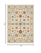 HomeRoots 509286 6 x 9 ft. Ivory Salmon Pink Gold Blues Gray Rust & Green Oriental Power Loom Stain Resistant Rectangle Area Rug with Fringe