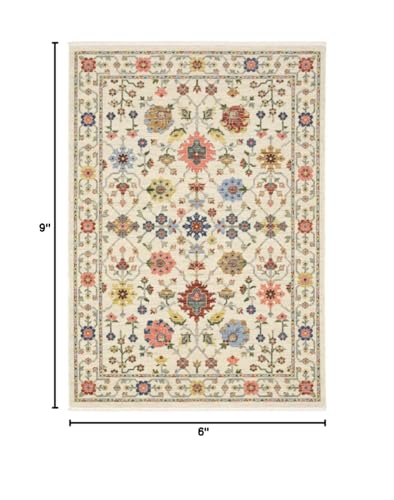 HomeRoots 509286 6 x 9 ft. Ivory Salmon Pink Gold Blues Gray Rust & Green Oriental Power Loom Stain Resistant Rectangle Area Rug with Fringe