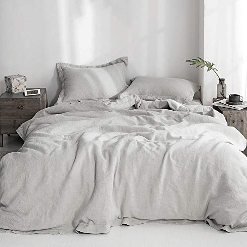 Simple&Opulence 100% Washed Linen Duvet Cover With Embroidered,Queen Size(88'X 92'),3 Pieces Soft Comforter Set With Button Cl