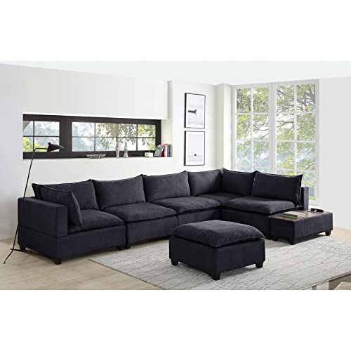 Lilola Home Madison Dark Gray Fabric 7 Piece Modular Sectional Sofa with Ottoman and USB Storage Console Table