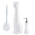 Allure Home Creation Cat 3-Piece White Ceramic Toilet Brush Holder w/White Plastic Handled Scrub Brush & Soap Dispenser-White