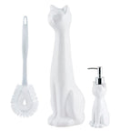 Allure Home Creation Cat 3-Piece White Ceramic Toilet Brush Holder w/White Plastic Handled Scrub Brush & Soap Dispenser-White