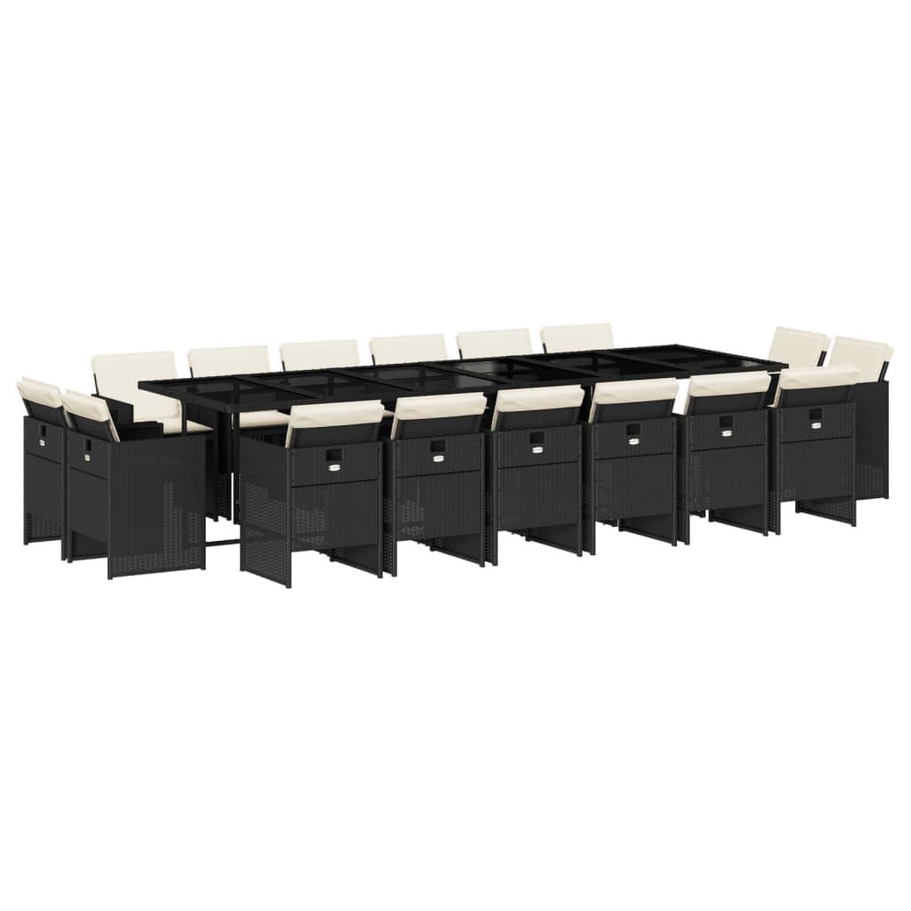 vidaXL Patio Dining Set 17 Piece Black/Cream Poly Rattan with Cushions - Garden/Backyard/Outdoor Furniture, Glass Tabletop, Weather-Resistant, Compact Storage, Removable Covers, Seats 16