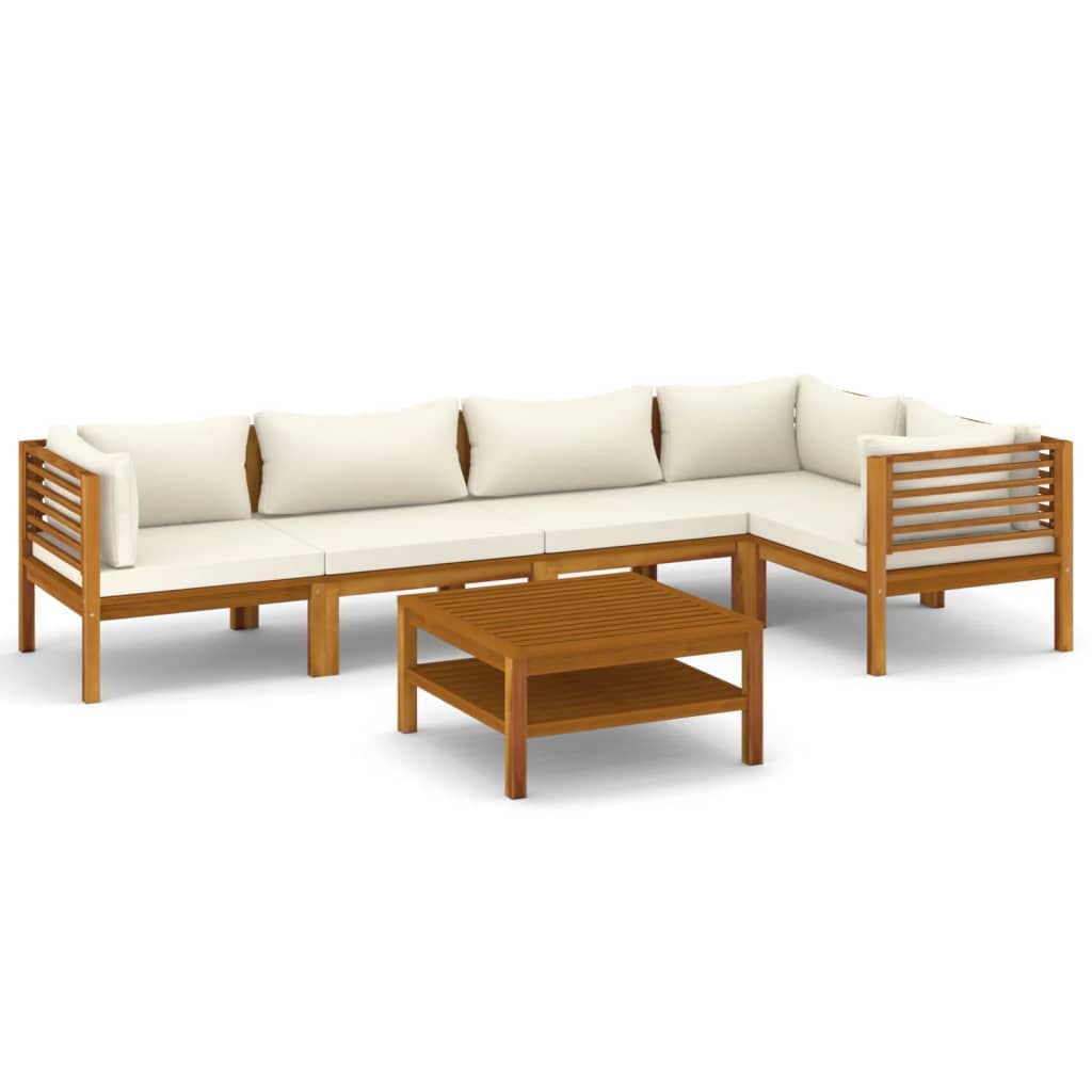 vidaXL 6 Piece Solid Acacia Wood Patio Lounge Set - Modular Outdoor Seating with Cream Cushions and Coffee Table