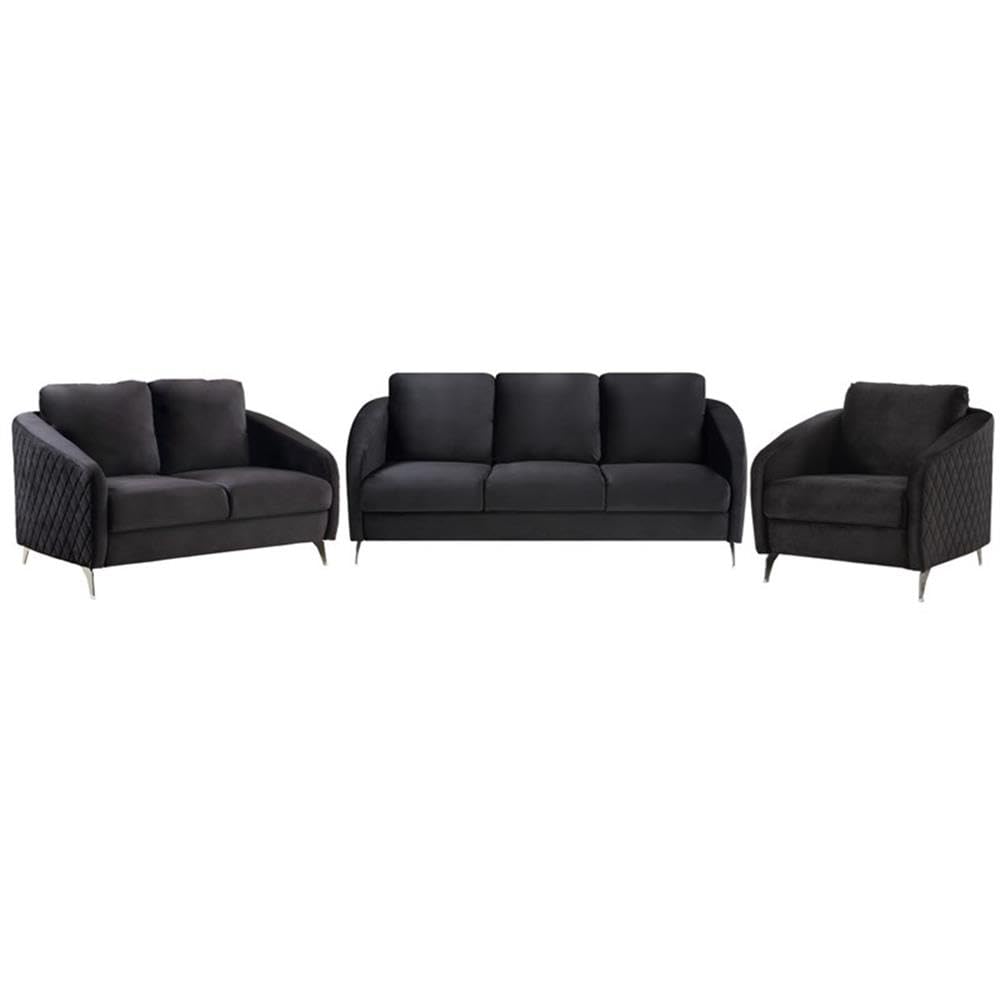 Lilola Home Sofia Black Velvet Fabric Sofa Loveseat Chair Living Room Set