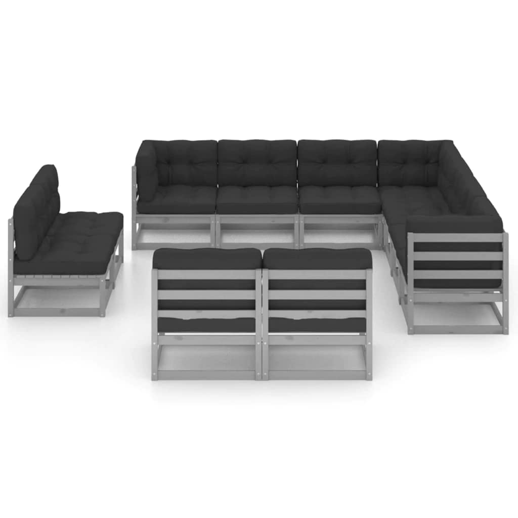 vidaXL Solid Pinewood Patio Lounge Set 11 Piece with Cushions Outdoor Garden Terrace Yard Furniture Wooden Lounge Sofa Set Seat Seating Gray