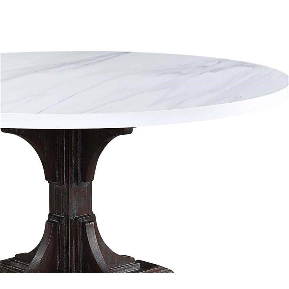 Acme Gerardo Round Marble Top Dining Table in White and Weathered Espresso