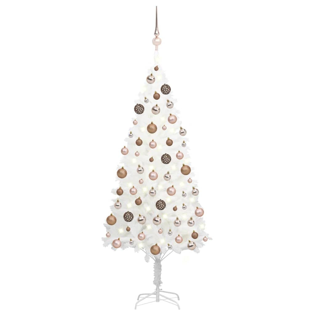 vidaXL Artificial Christmas Tree with LEDs & Rose Gold Ball Set - White 47.2&quot; - Lifelike PE Branches - Steel Base, Energy-Efficient Decoration for Home Holiday - Easy Assembly and Reusable