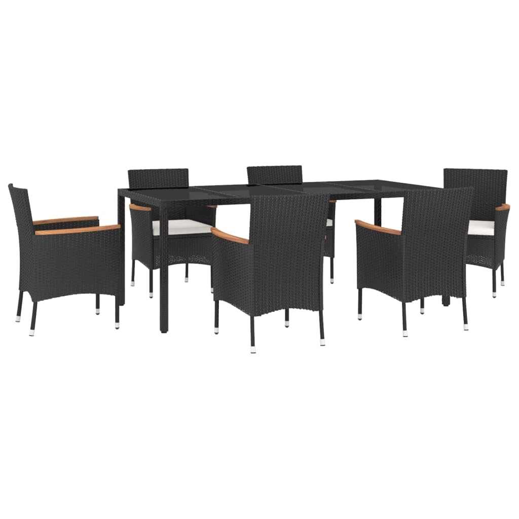 vidaXL 7-Piece Black Poly Rattan Patio Dining Set with Cream White Cushions – Featuring Solid Acacia Wood and Durable Tempered Glass Table, 3187376