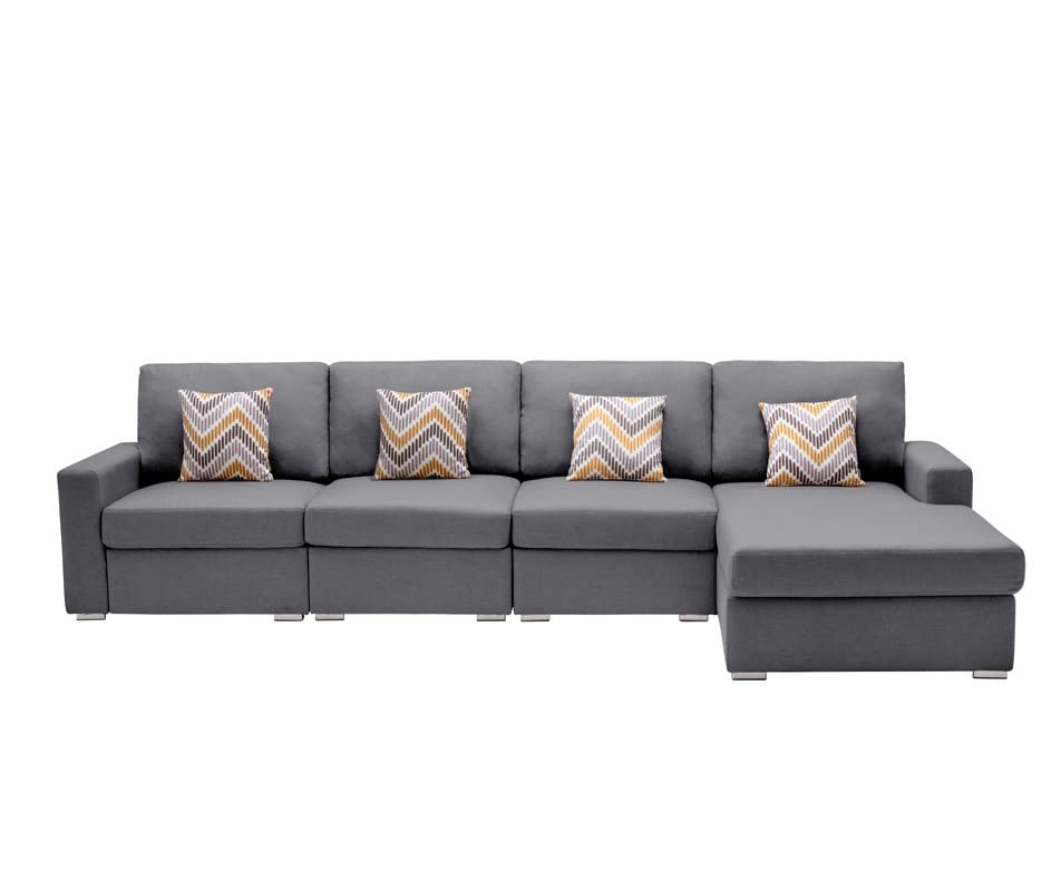 Lilola Home Nolan Gray Linen Fabric 4Pc Reversible Sectional Sofa Chaise with Pillows and Interchangeable Legs