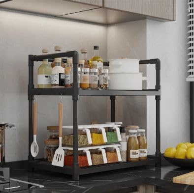 Jolfay 2Tier Plastic Drying Kitchen Storage Rack Shelf Organizer With Hooks & Handle For Bathroom,Bedroom Standing Units Shelve