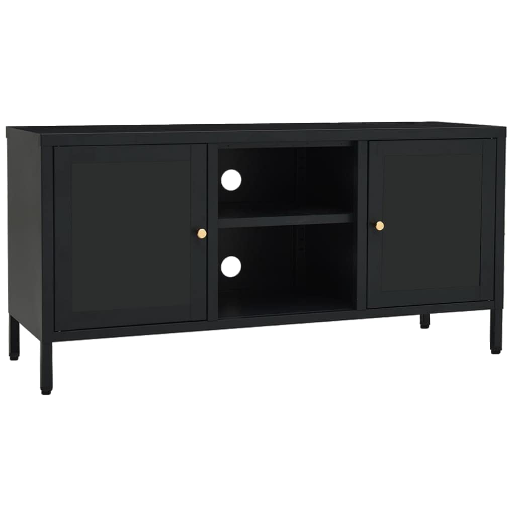 vidaXL Modern TV Stand Cabinet in Black - Sturdy Steel and Glass Construction - Ample Storage with Adjustable Shelf - Easy Assembly and Cleaning