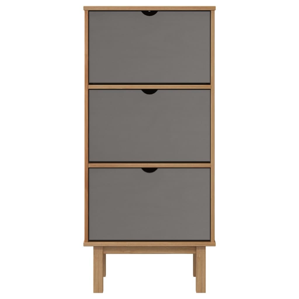 vidaXL Scandinavian Brown&Gray Shoe Cabinet - Solid Pine Wood with Sturdy Frame - OTTA Model with 3 Flip-Drawers - Additional Display Space on Top