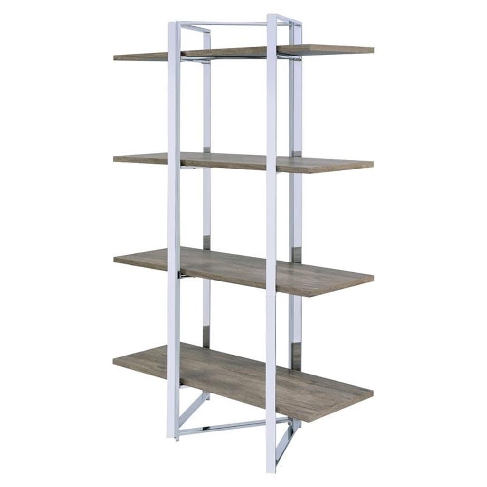 Acme Libby 4 Fixed Wooden Shelves Rectangular Bookshelf in Chrome Metal