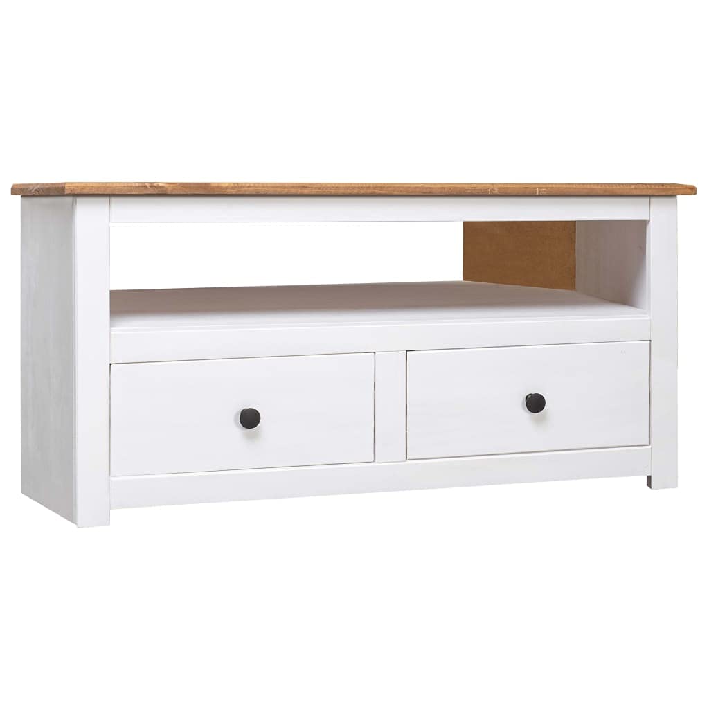 vidaXL Solid Pinewood Corner TV Stand - Scandinavian Style, White and Natural Wood Color - with 2 Drawers and Open Compartment - 36.6&quot;x19.3&quot;x19.3&quot;