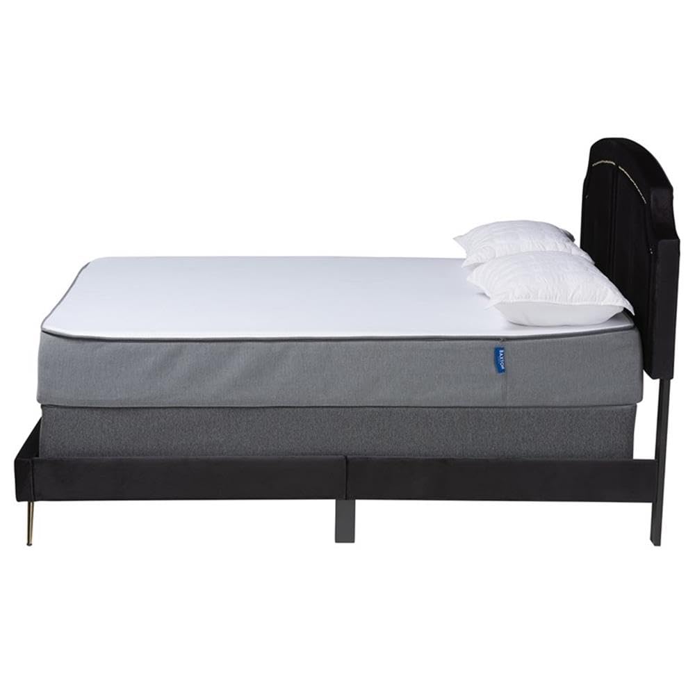 Baxton Studio Oxley Black Velvet and Gold Metal Queen Size Panel Bed