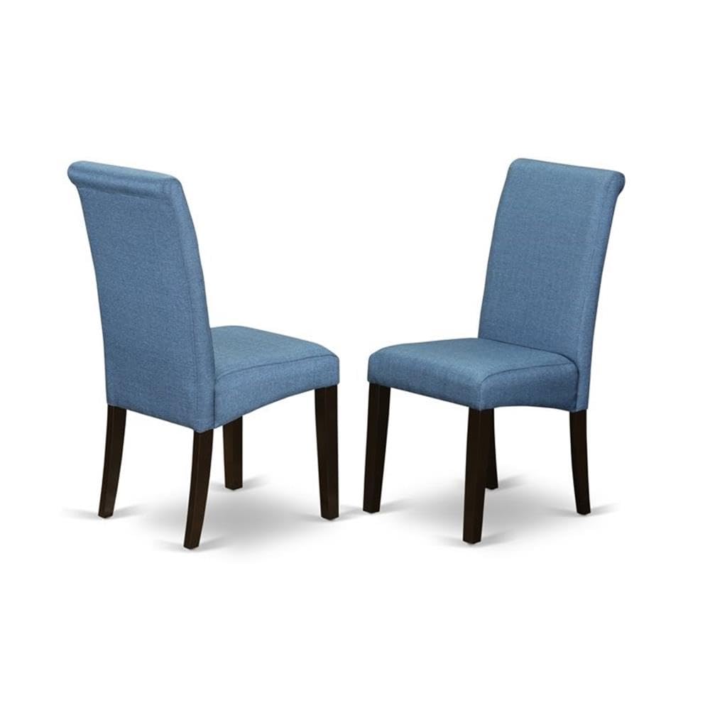 East West Furniture Caba7-Cap-21 7 Piece Dining Room Furniture Set Consist Of A Rectangle Dining Table And 6 Blue Color Linen Fabric Upholstered Parson Chairs, 36X60 Inch, Cappuccino