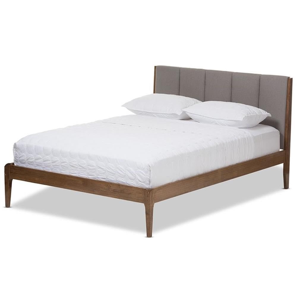 Baxton Studio Ember Mid-Century Light Grey Fabric and Medium Brown Finish Wood King Size Platform Bed