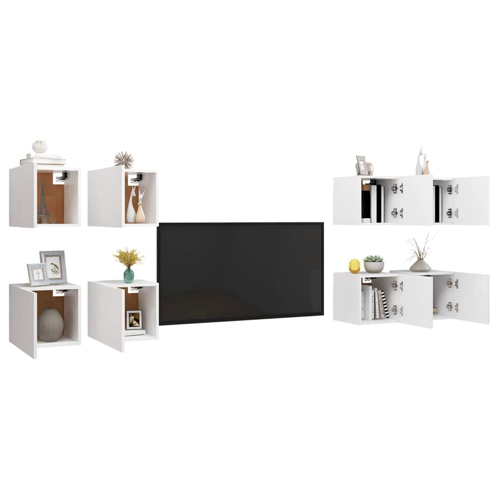 vidaXL Wall Mounted TV Stands 8 Pcs, TV Console with Storage, Wall-Mounted TV Unit for Living Room, Entertainment Center, Modern Style, White