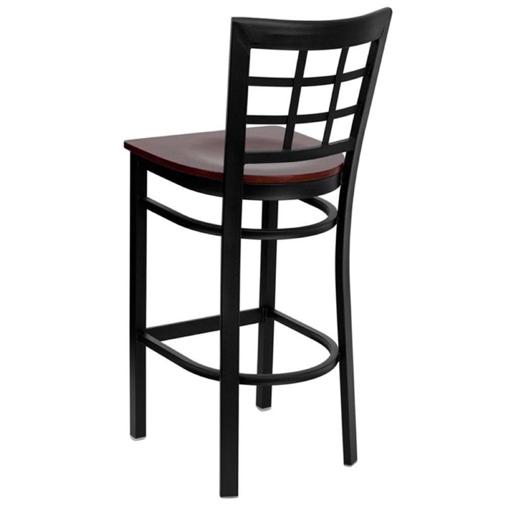 Flash Furniture HERCULES Series Black Window Back Metal Restaurant Barstool - Mahogany Wood Seat