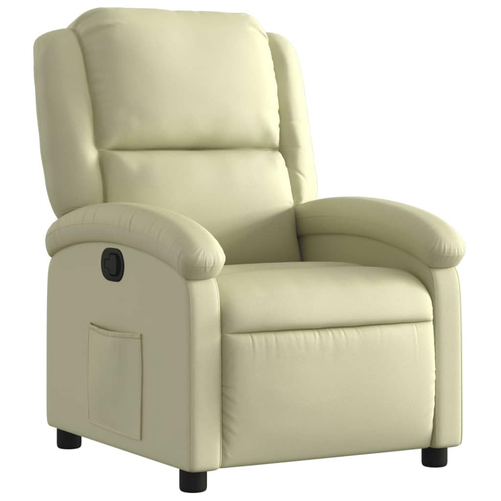 vidaXL Recliner Chair - Cream Real Leather Lounger - Manual Reclining with Solid Wood & Metal Frame, Padded Armrests, Side Pocket, 242.5 lb Load Capacity - Living Room/Office