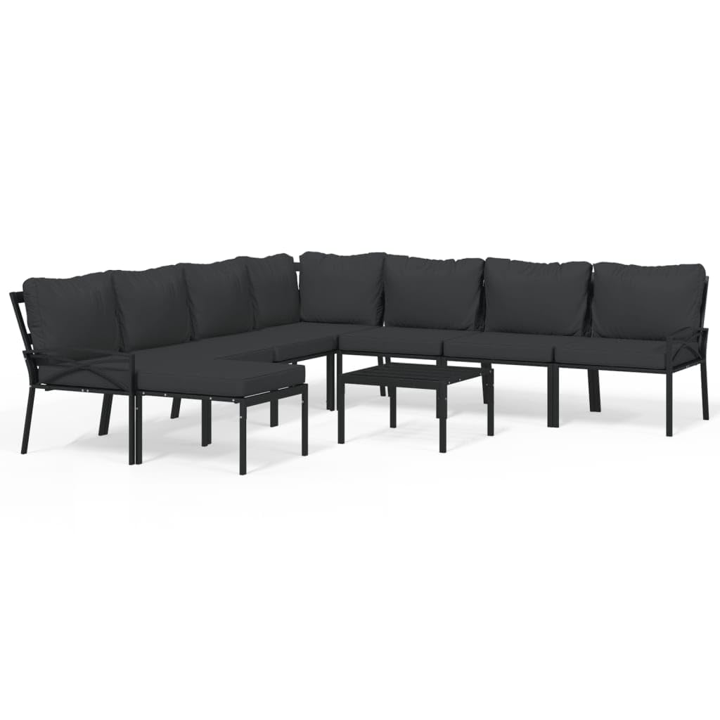 vidaXL 9 Piece Patio Lounge Set, Industrial Style, Outdoor Furniture, Steel Frame, Soft Cushions, Easy Assembly, Gray Cushions with Black Frame, Heavy-Duty Up to 242.5 lb