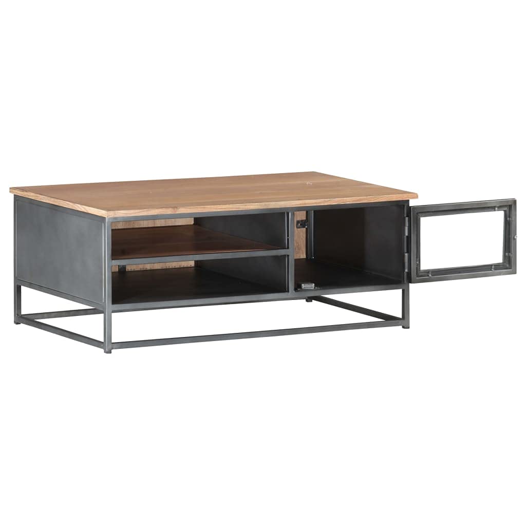 vidaXL Solid Acacia Wood Coffee Table with Storage Compartments and Glass Door, Stylish Hardwood Center Table with Steel Legs for Living Room or Office, Gray, 35.4&quot;x19.7&quot;x13.8&quot;