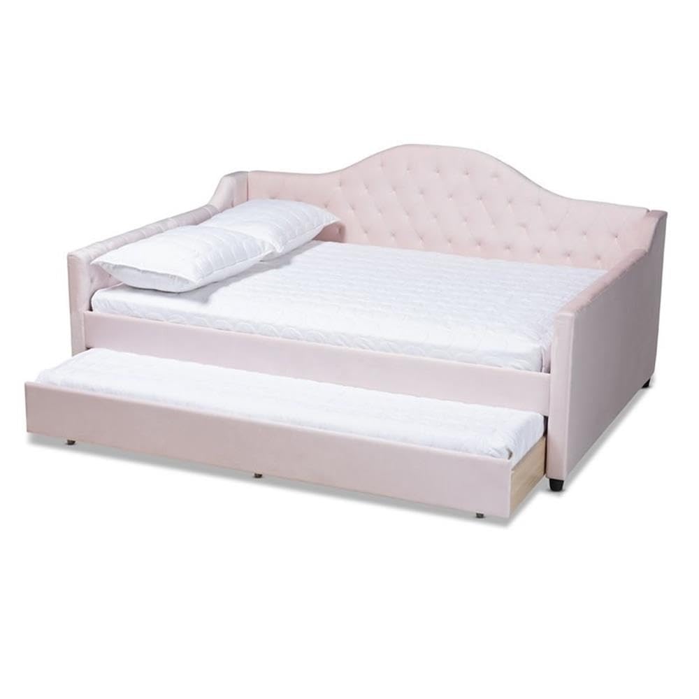 Baxton Studio Perry Modern and Contemporary Light Pink Velvet Fabric Upholstered and Button Tufted Full Size Daybed with Trundle