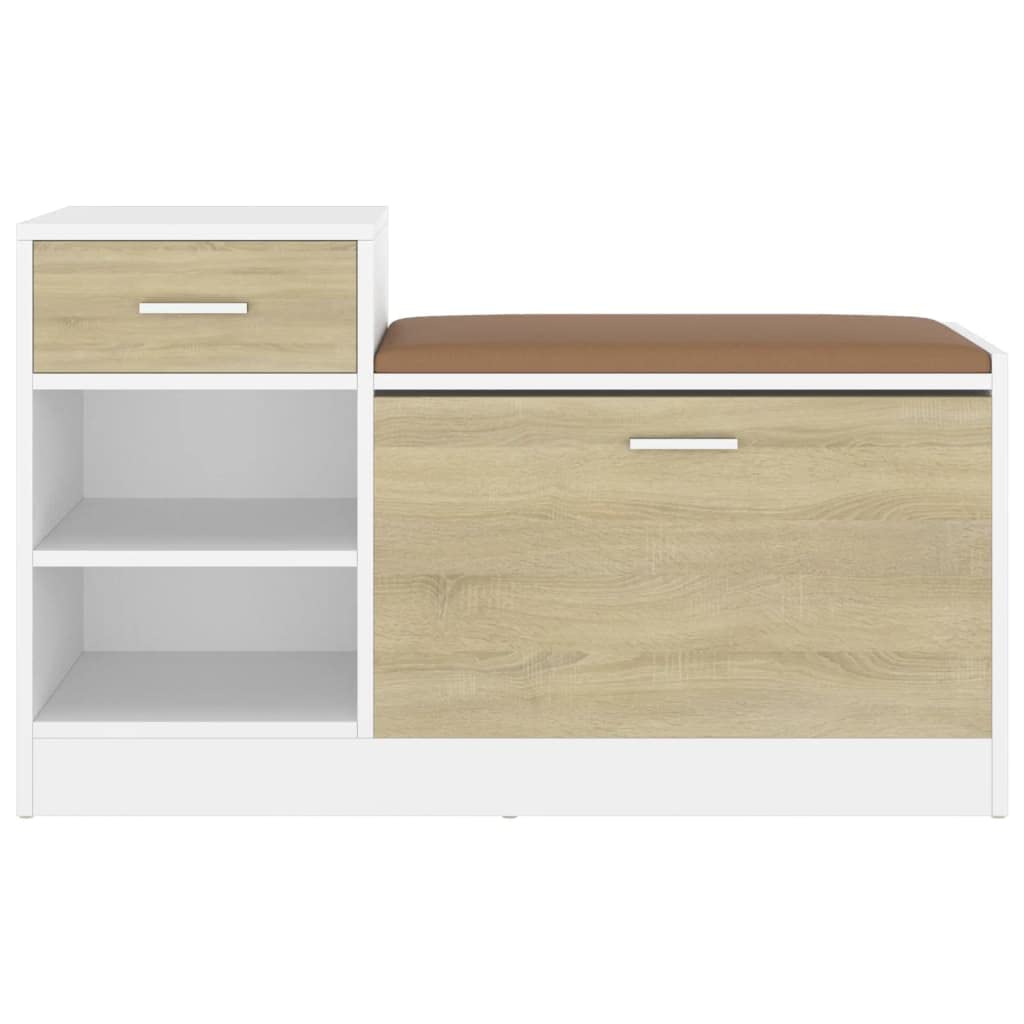 vidaXL Shoe Storage Bench Modern Design, Faux Leather Seating, White and Sonoma Oak, Engineered Wood, Ample Storage Space, Assembly Required, 37.2&quot;x12.2&quot;x22.4&quot; Dimensions