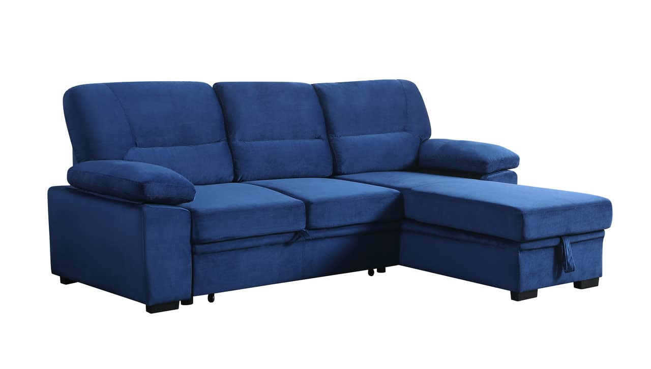 Lilola Home Kipling Blue Velvet Fabric Reversible Sleeper Sectional Sofa Chaise