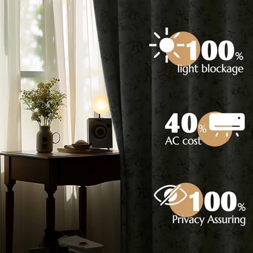Jinchan 100% Blackout Floral Curtains 63 Inch Length, Printed Flower Taupe Blackout Curtains For Bedroom Rod Pocket Back Tab Full Blackout Curtains Thermal Insulated Window Drapes, 2 Panels Taupe