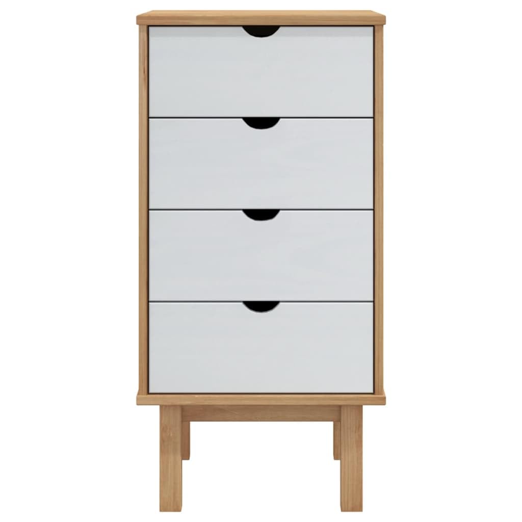 vidaXL OTTA Brown&White Drawer Cabinet - 18.1&quot;x15.6&quot;x35.4&quot; Scandinavian Style Solid Pine Wood 4-Drawer Storage with Sturdy Top and Wall Attachment Device