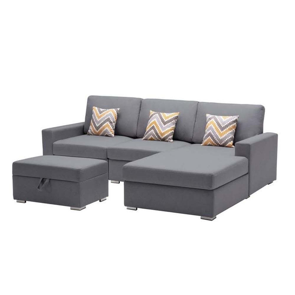 Lilola Home Nolan Gray Linen Fabric 4Pc Reversible Sofa Chaise with Interchangeable Legs, Storage Ottoman, and Pillows