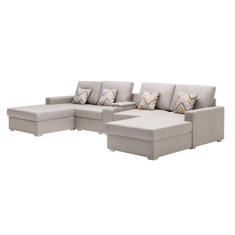 Lilola Home Nolan Beige Linen Fabric 5Pc Double Chaise Sectional Sofa with Interchangeable Legs, a USB, Charging Ports, Cupholders, Storage Console Table and Pillows